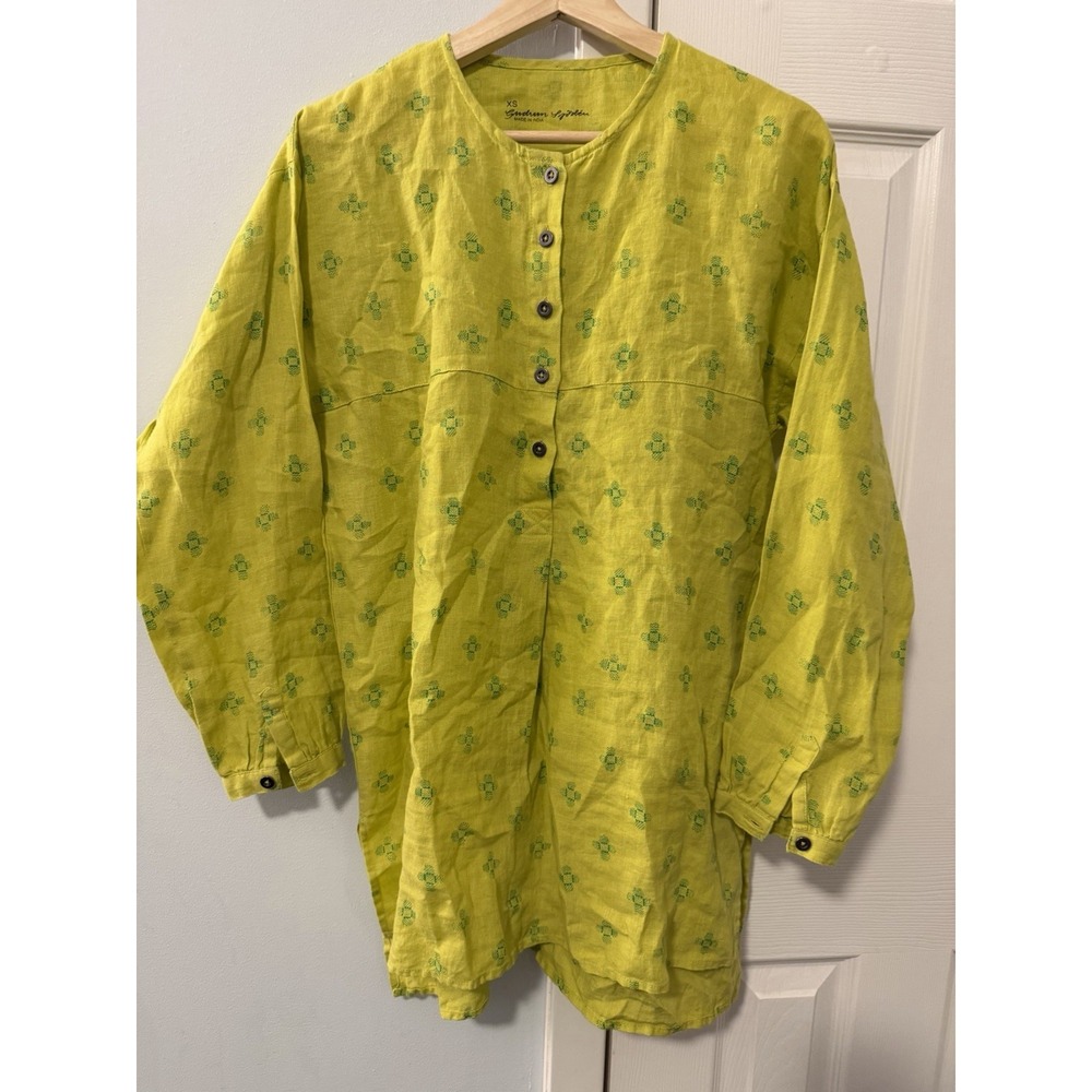 Gudrun Sjoden 100% Linen Oversized V-Neck Henley Tunic Top Sz XS Lime Green